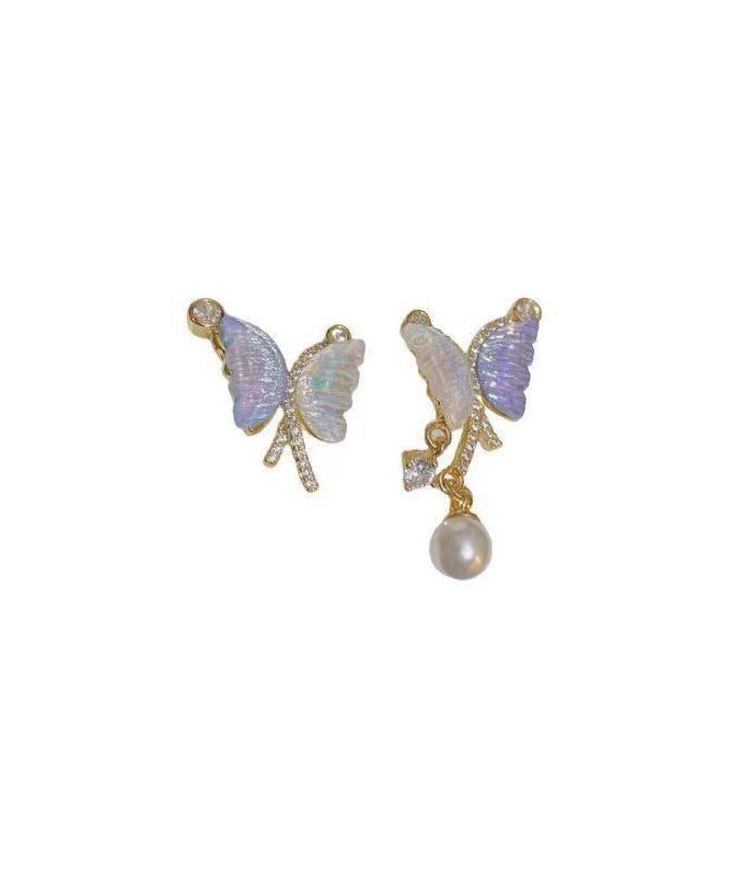 French Asymmetrical Zircon Colored Butterfly Stud Earrings