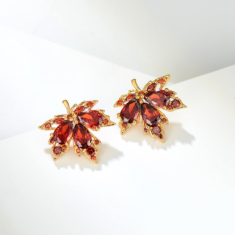 Lowen Red Rhinestone Leaf Studs