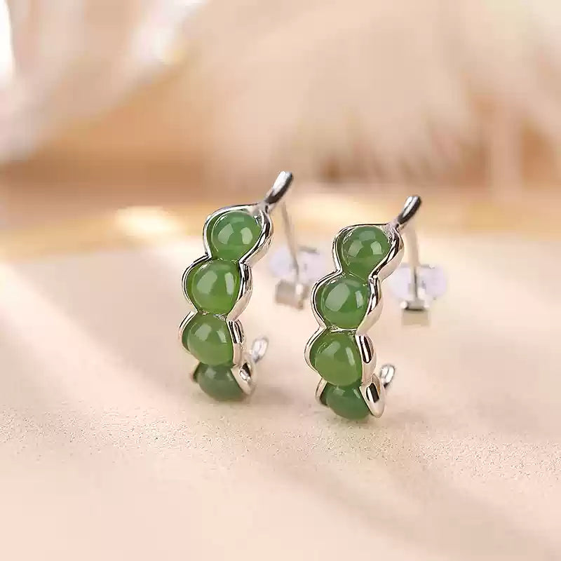 Jade Stone Silver Hoop Earrings