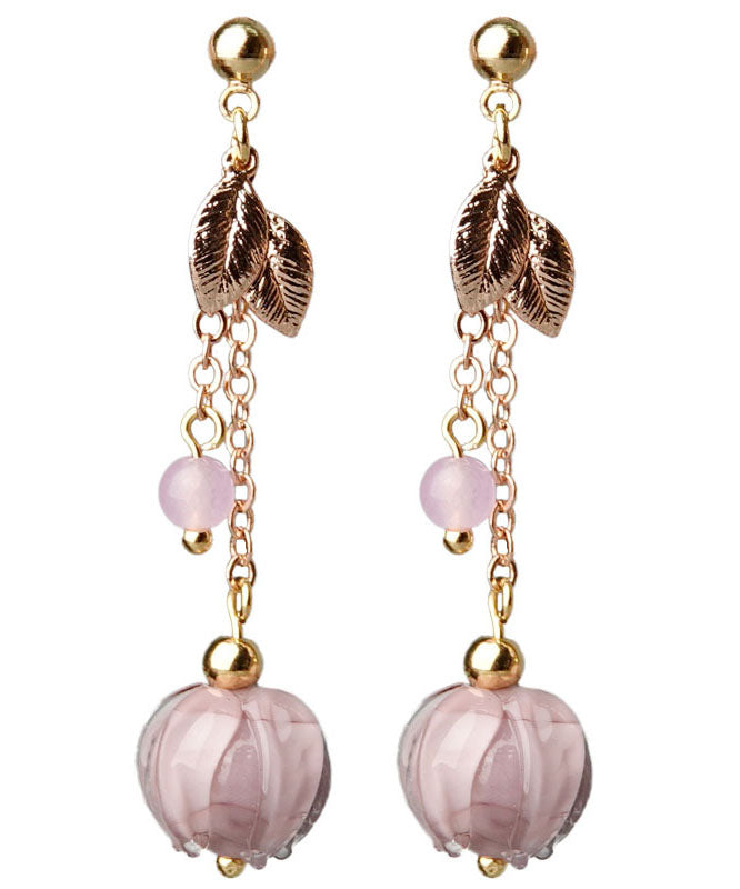 Simple Pink Coloured Glaze Leaf Metal Drop Earrings