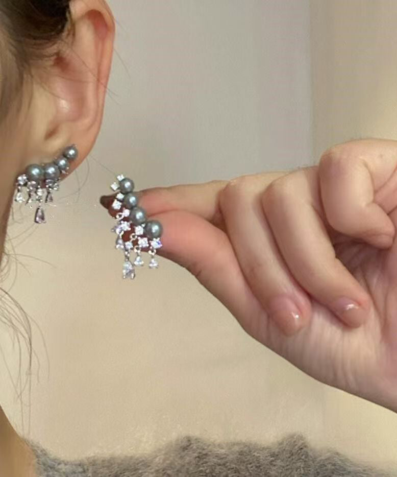 Style Grey Sterling Silver Zircon Arc Pearl Tassel Stud Earrings