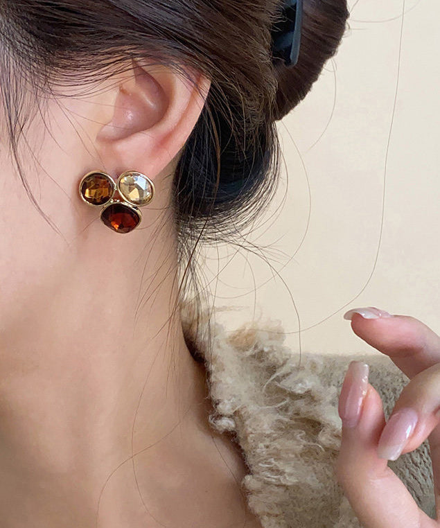 Stylish Colorblock Gem Stone Copper Stud Earrings