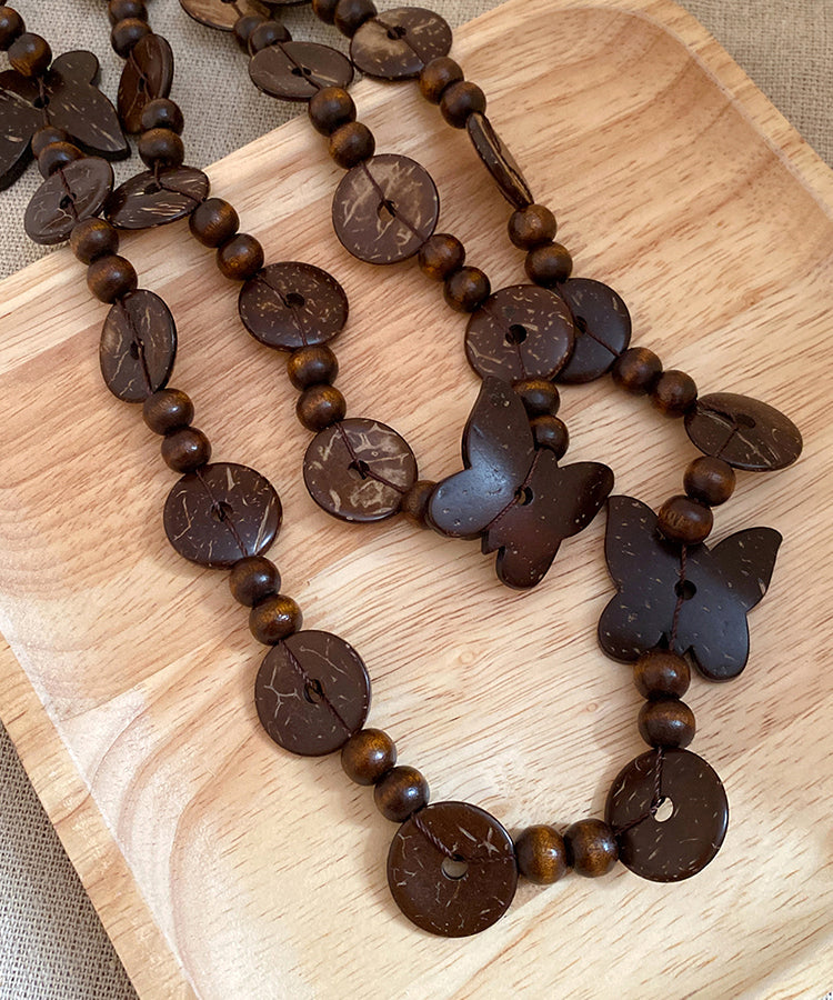 Coffee Wooden Coconut Shell Beading Sweater Gratuated Bead Necklace