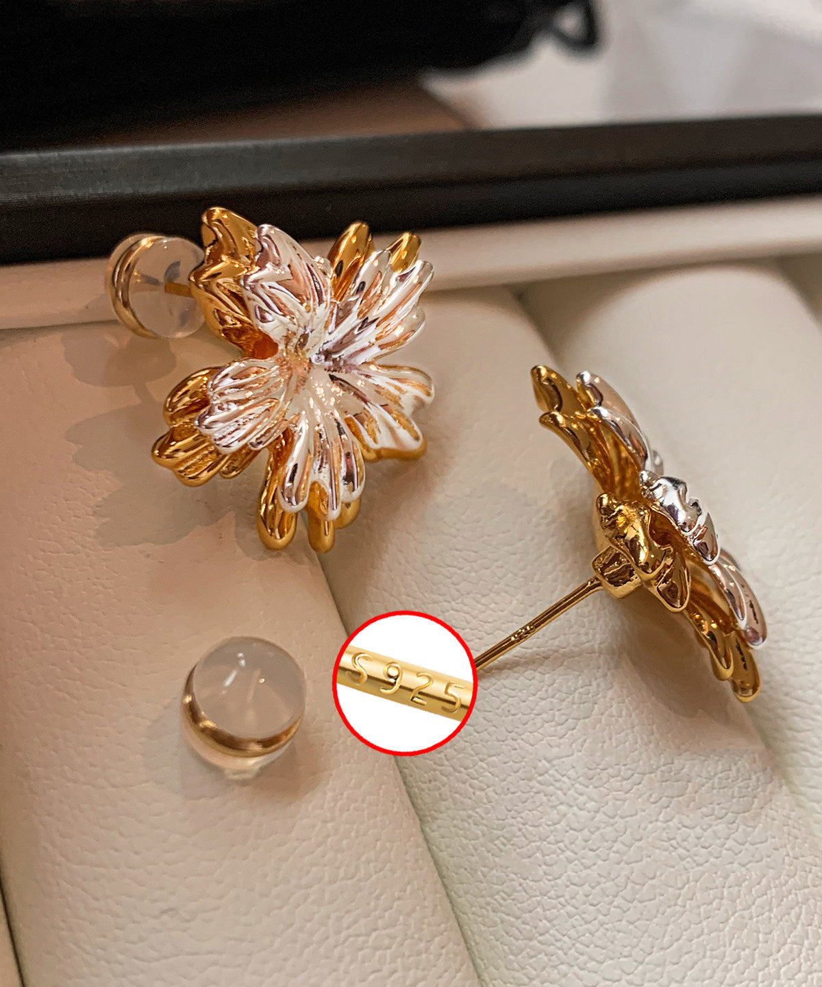 Golden and Silvery Flower Shape Metal Stud Earrings