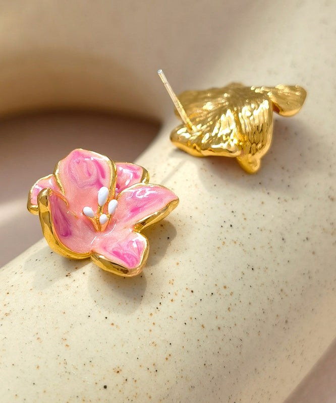 Pink Copper Drip Glaze Stud Earrings
