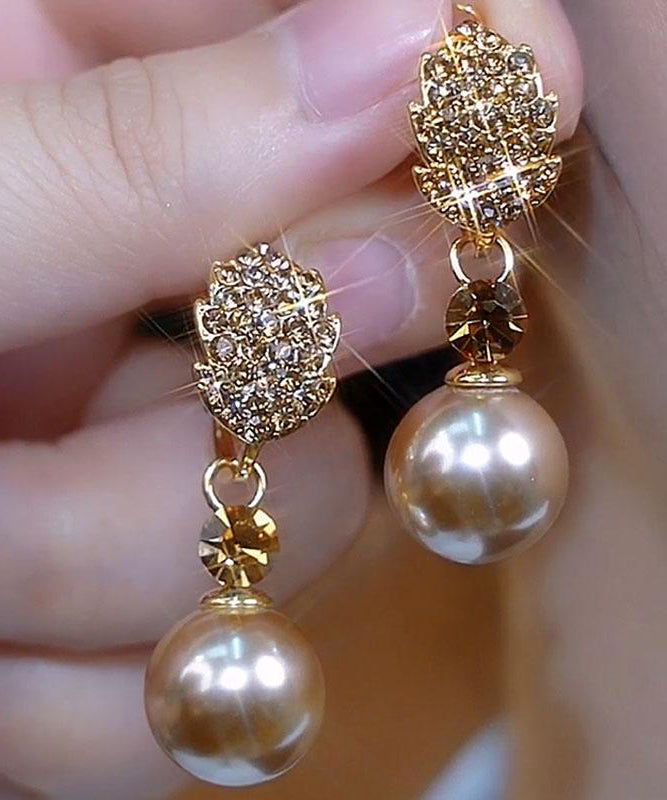 Champagne Copper Alloy Zircon Pearl Drop Earrings