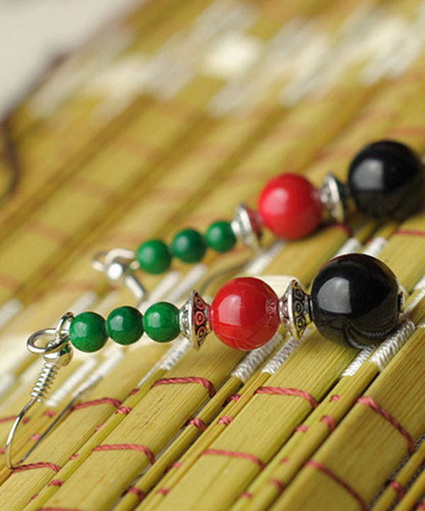 Multi Agate Beads Tibetan Style Silver Drop Earrings