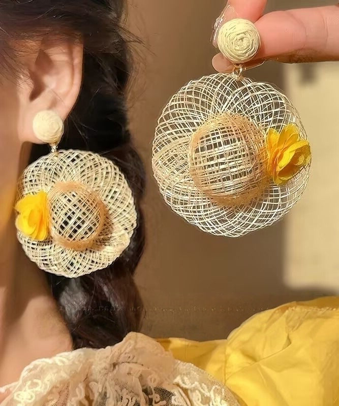 Vogue Beige Weave Straw Hat Drop Earrings