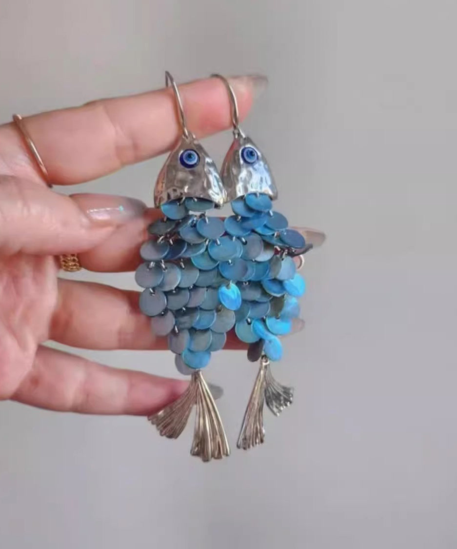 Blue Weave Shell Small Fish Tassel Drop Earrings