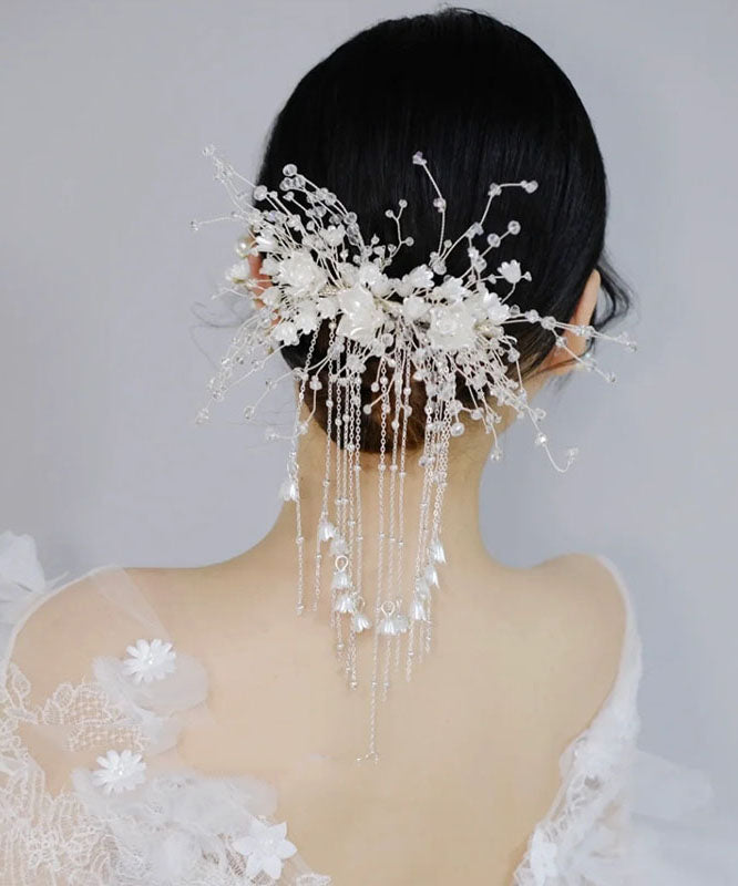 White Plastics Patchwork Silk Inlaid Tassel Hairpin