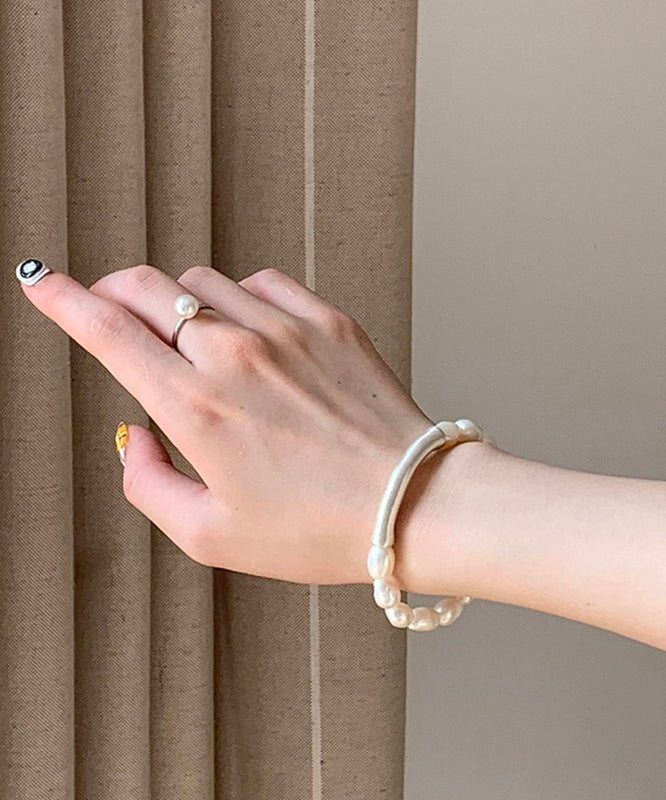 Stylish White 999 Silver Pearl Patchwork Elasticity Bracelet