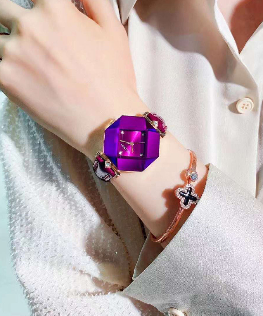 Green Leather Tempered Glass Waterproof Watch