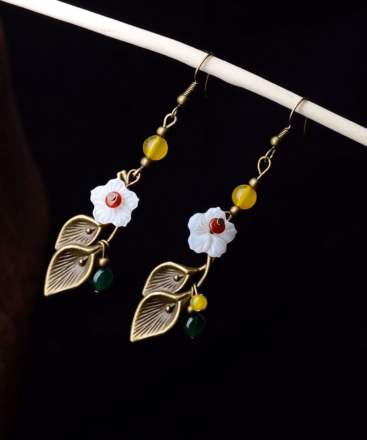 White Shell Flower Fine Agate Copper Drop Earrings