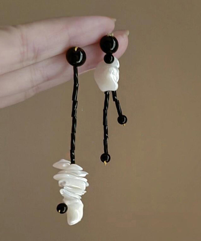 Black Alloy Shell Asymmetrical Tassel Drop Earrings