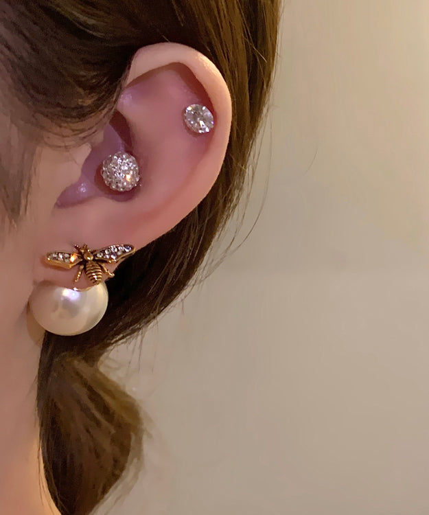 Gold Sterling Silver Copper Overgild Pearl Bee Stud Earrings