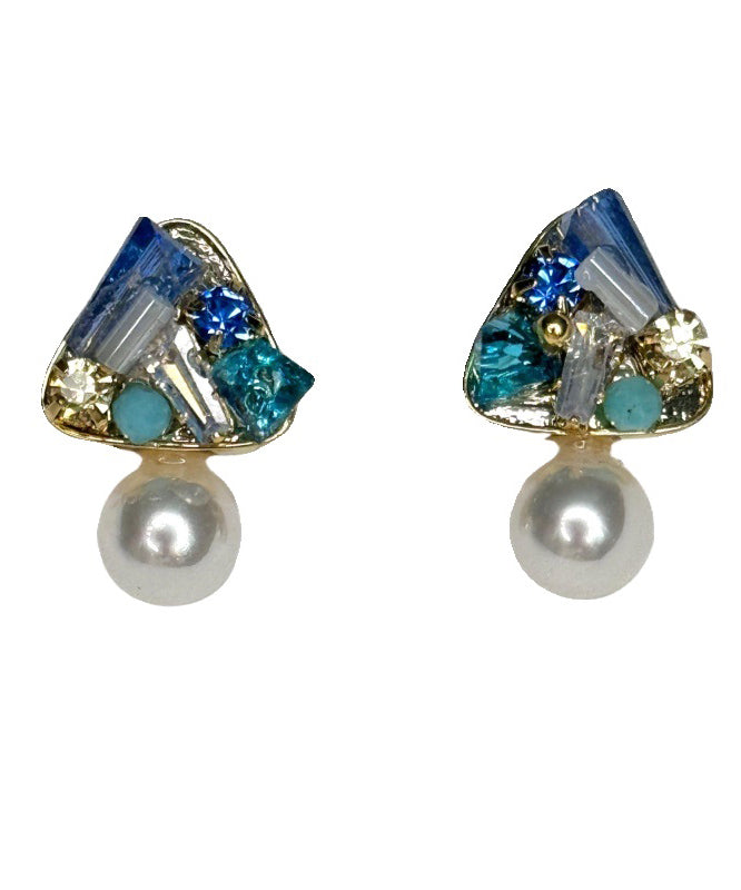 Diy Light Blue Copper Overgild Zircon Crystal Stud Earrings