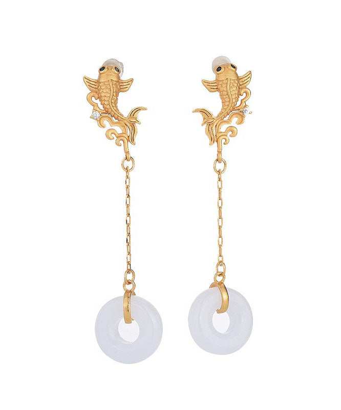 White Sterling Silver Overgild Jade Goldfish Drop Earrings