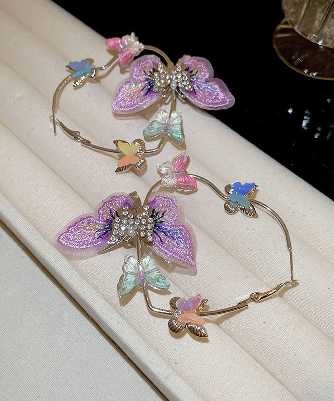 Purple Sterling Silver Alloy Zircon Butterfly Love Hoop Earrings