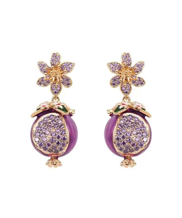 Boutique Purple Copper Zircon Drip Glaze Pomegranate Flower Drop Earrings