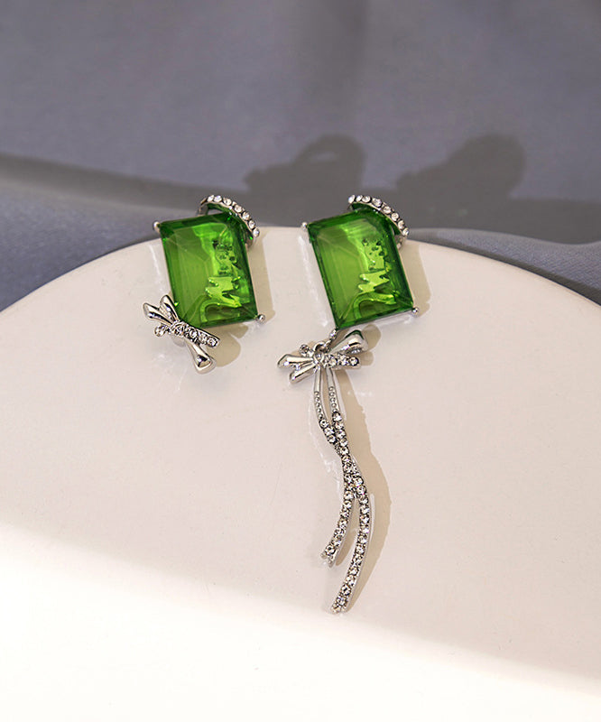 Green Asymmetrical Copper Zircon Gem Stone Butterfly Bow Tassel Drop Earrings