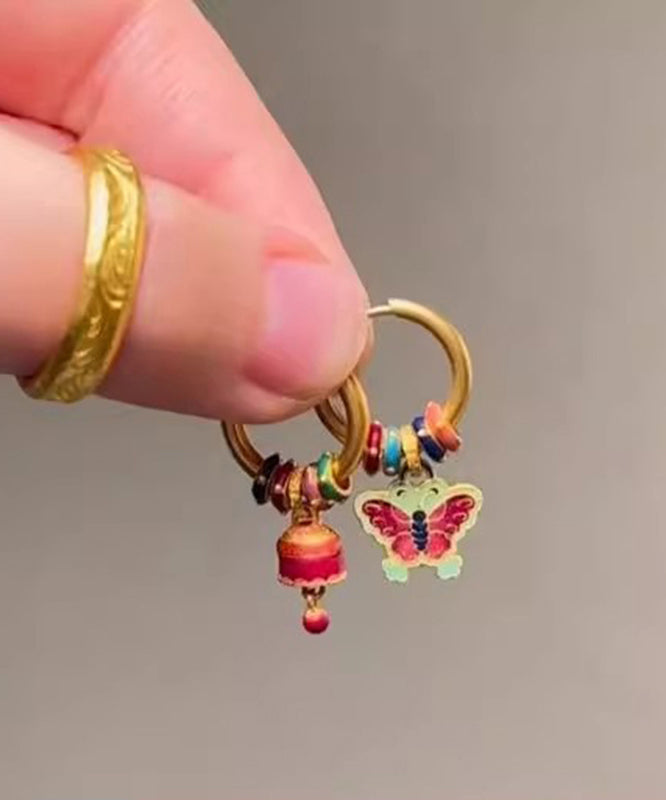 Gold Ancient Gold Asymmetric Butterfly Bell Ename Drop Earrings