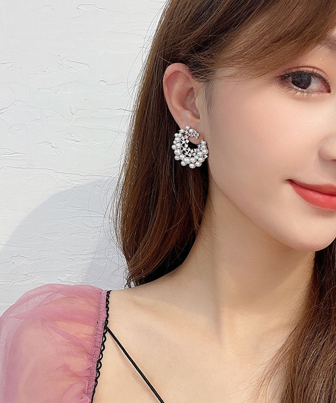 White Sterling Silver Alloy Zircon Pearl Hoop Earrings