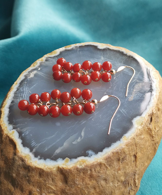 Diy Red 14k Gold Cinnabar Grape Drop Earrings
