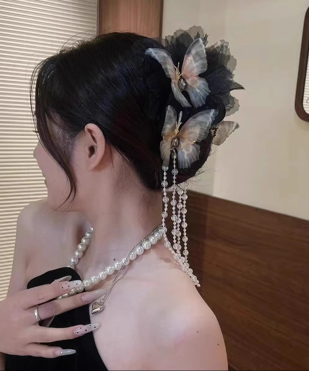 Black Acrylic Crystal Butterfly Tassel Hairpin