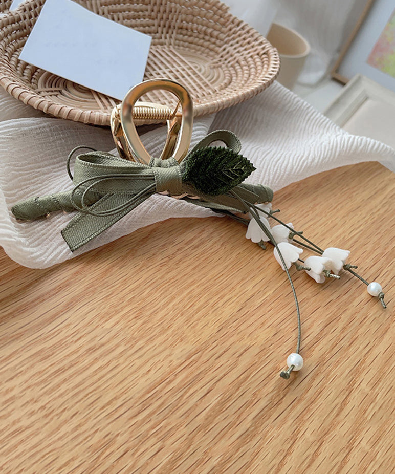 Unique Army Green Alloy Bow Lily of the Valley Tassel Hairpin