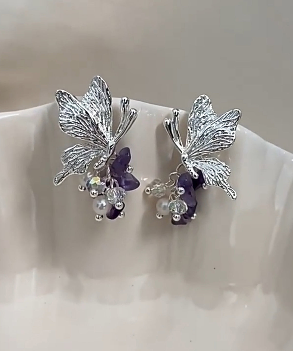 Fine Silk Sterling Silver Pearl Butterfly Tassel Stud Earrings