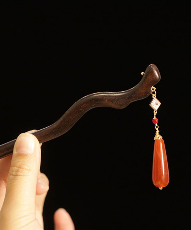 Red Sandalwood Agate Water Drop Hairpin