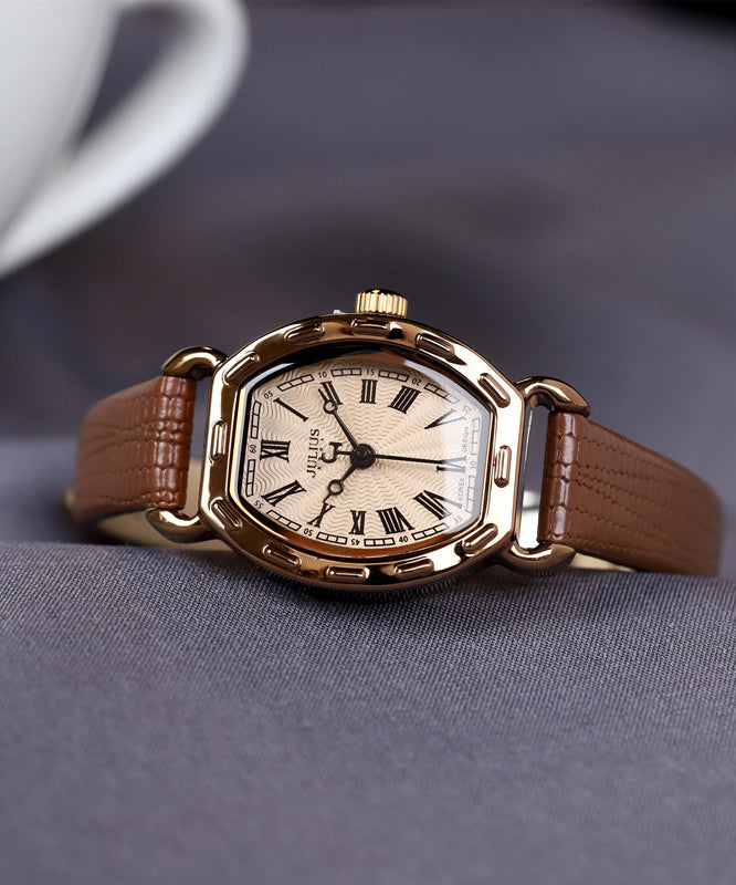 Coffee Leather Alloy Patchwork Tempered Glass Watch