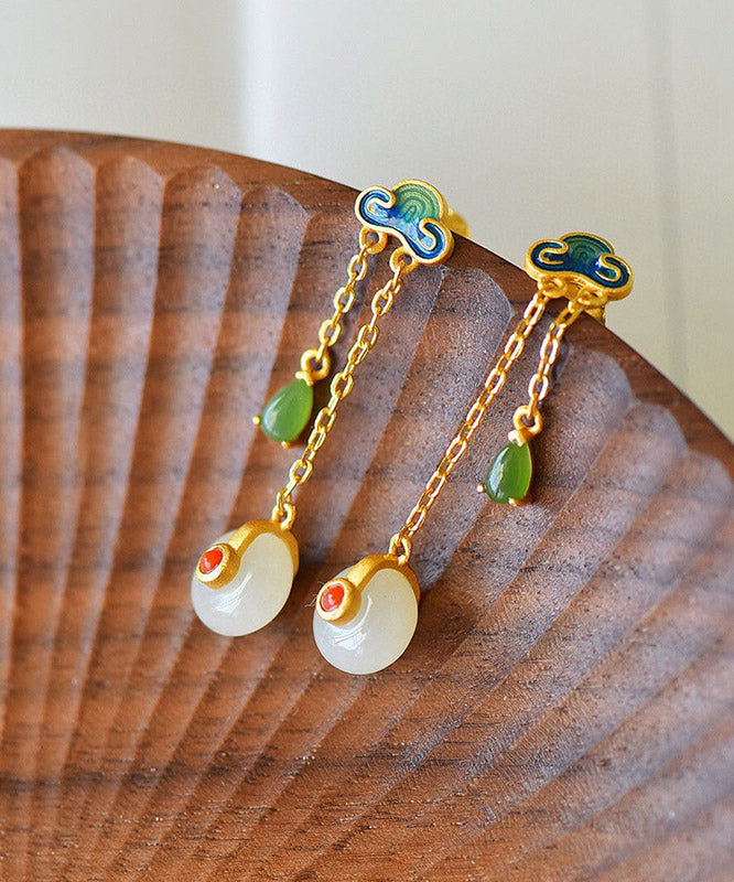 Yellow Overgild Jade Agate Auspicious Clouds Drop Earrings