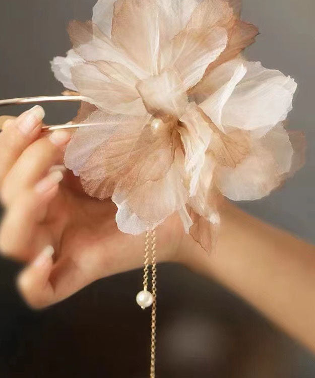 Handmade Light Brown Gradient Color Tulle U Shaped Pearl Tassel Hairpin
