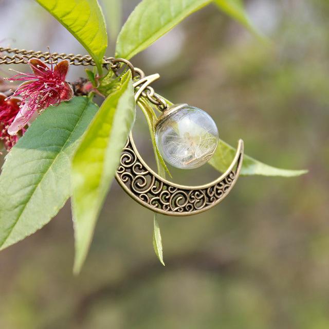 Crescent Moon & Real Dandelion Seeds Necklace