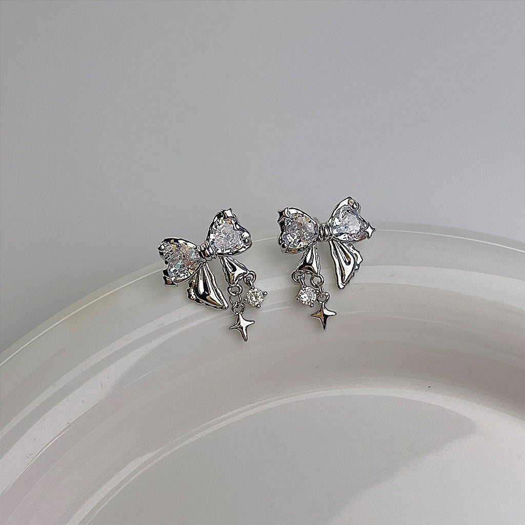 Silver Bow Earrings (pink/clear) - Caroline