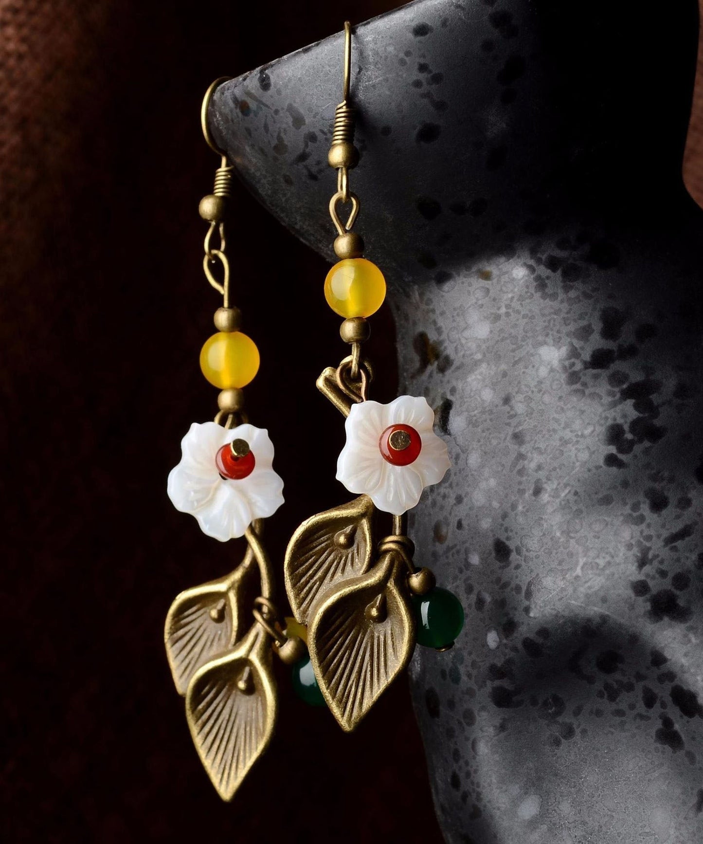 White Shell Flower Fine Agate Copper Drop Earrings