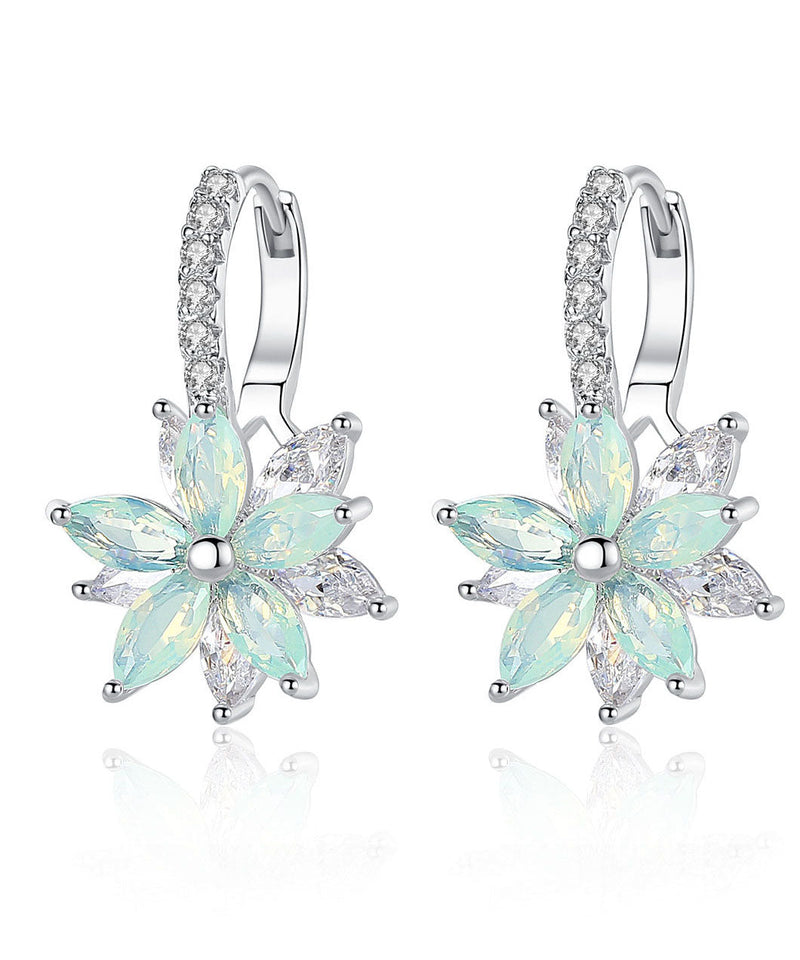 White Flower Zircon Copper Hoop Earrings