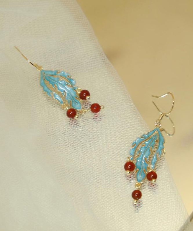 Retro Blue Sterling Silver Overgild Agate Cloisonne Drop Earrings