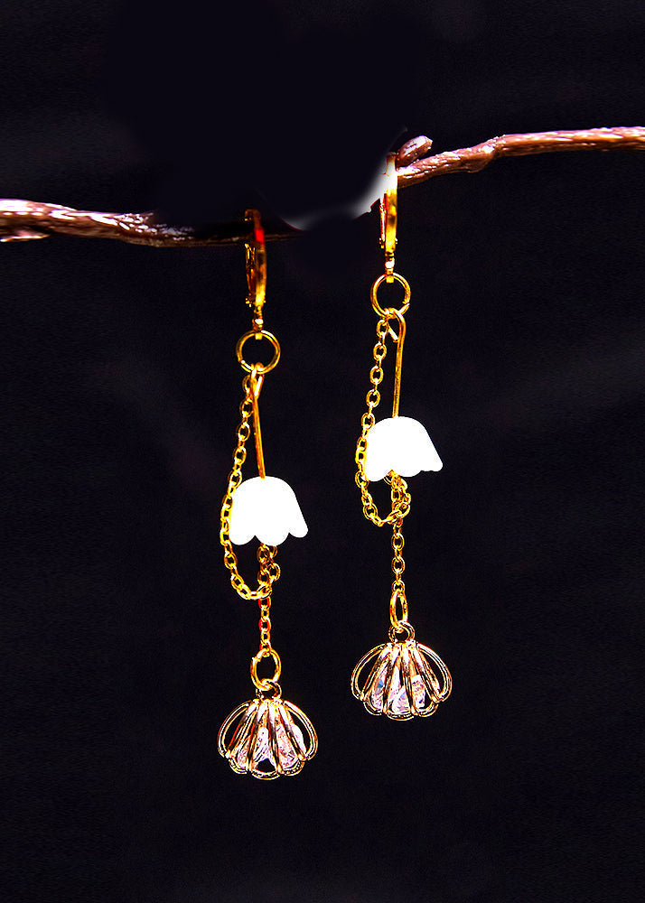 Art Bud Wrap Zircon 14k Gold Tassels Drop Earrings