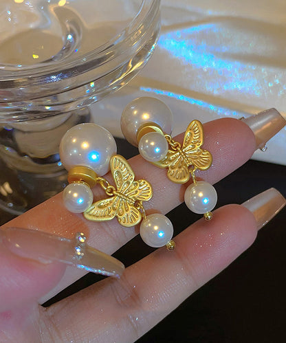 Gold Sterling Silver Overgild Pearl Butterfly Stud Earrings
