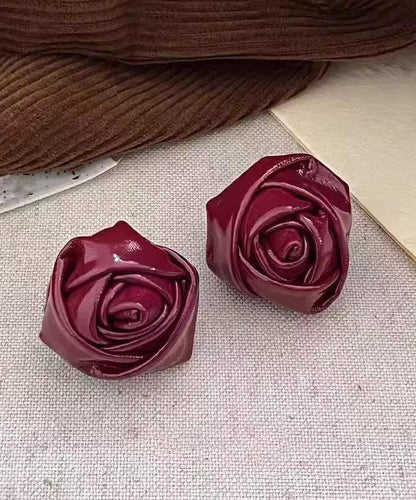 Handmade Red Pu Rose Stud Earrings