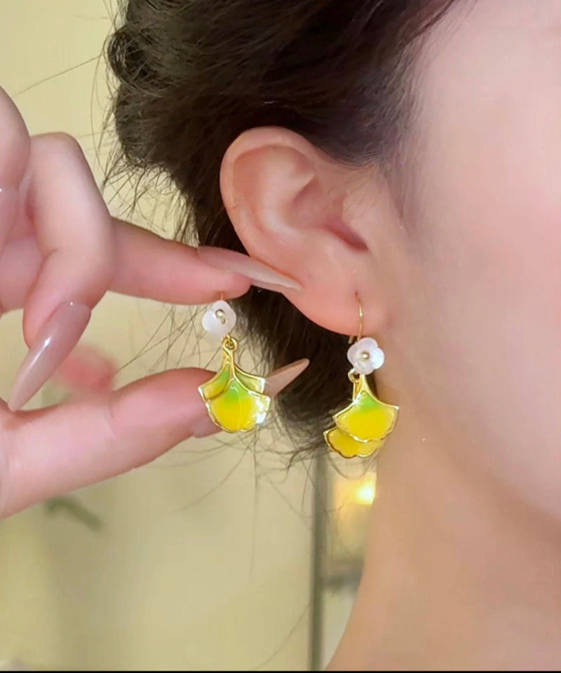 Yellow Copper Overgild Ginkgo Leaf Drop Earrings