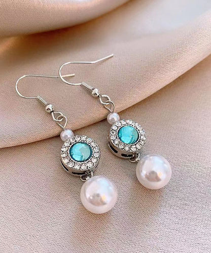 Blue Copper Overgild Inlaid Zircon Crystal Pearl Tassel Drop Earrings