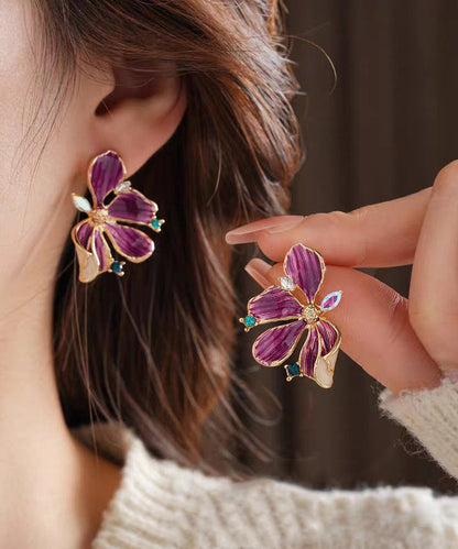 Retro Purple Sterling Silver Overgild Zircon Dripping Glaze Stud Earring