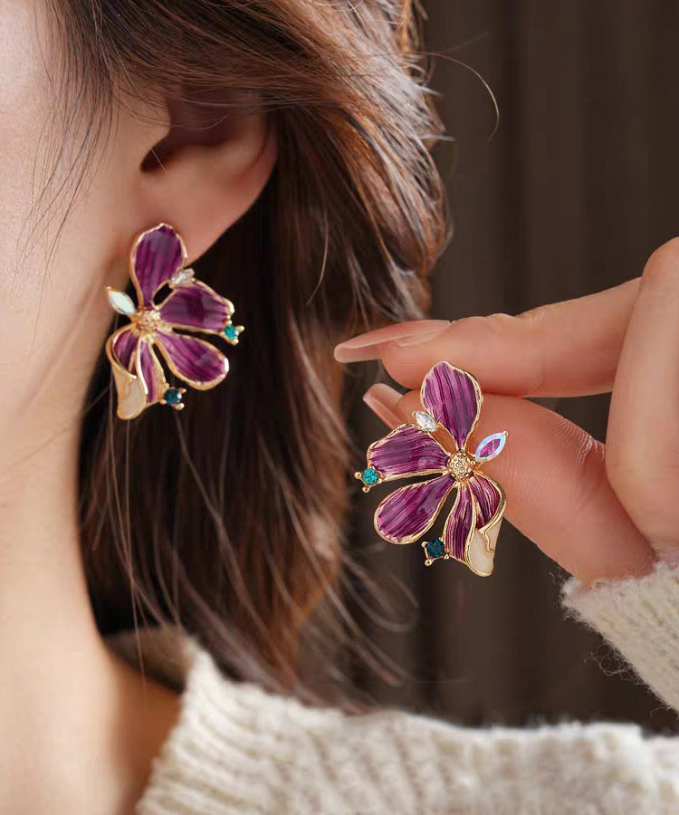 Retro Purple Sterling Silver Overgild Zircon Dripping Glaze Stud Earring