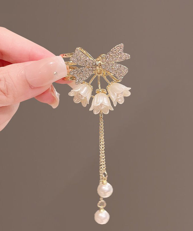 Gold Alloy Zircon Pearl Lily of the Valley Tassel Hairpin