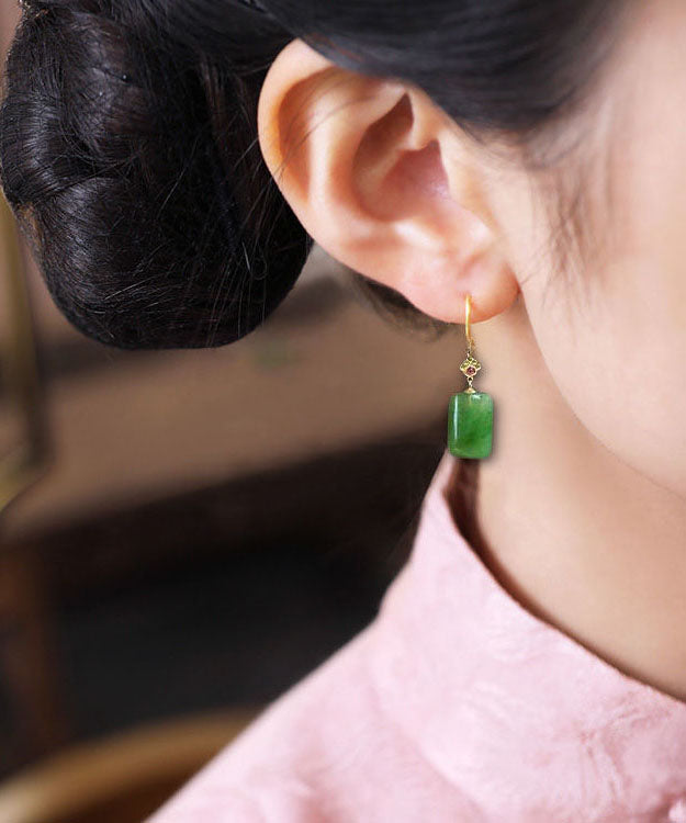 Green Sterling Silver Square Jade Drop Earrings