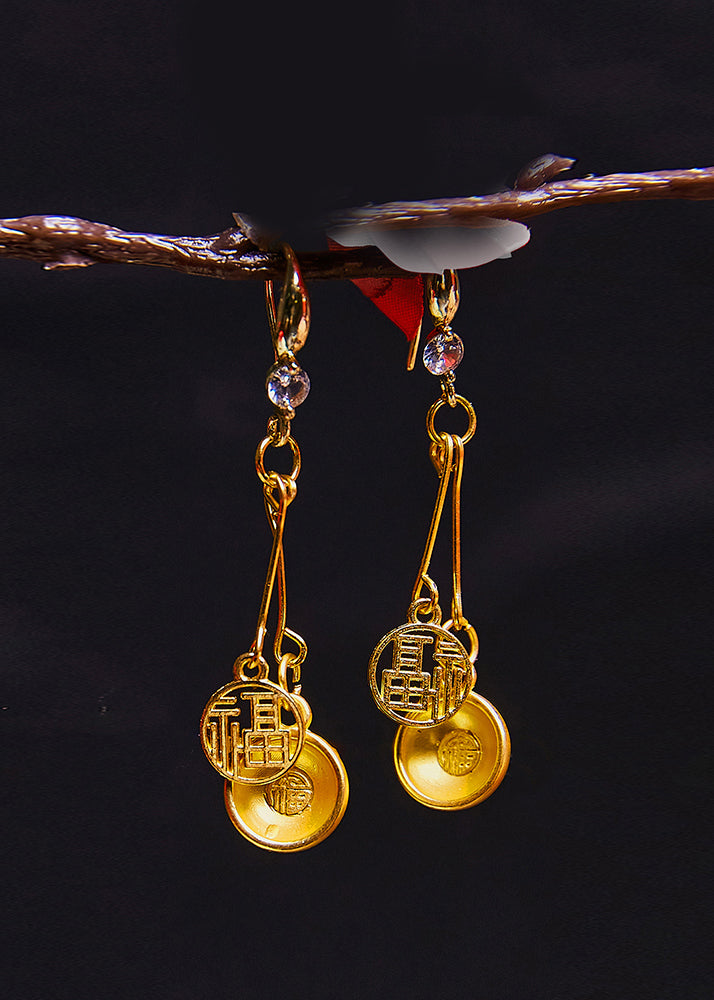 Handmade Golden Bowl and Fu Character 14k Gold Drop Earrings