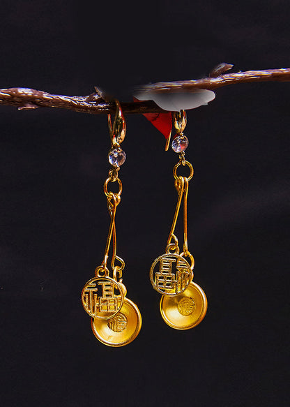 Handmade Golden Bowl and Fu Character 14k Gold Drop Earrings